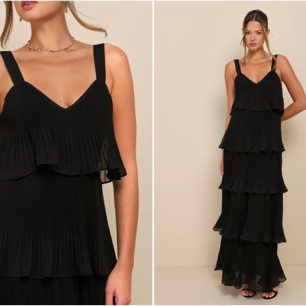 LULU's Prom Wedding Bridesmaid Pleated Tiered Ruffles Boho Black Maxi Dress
